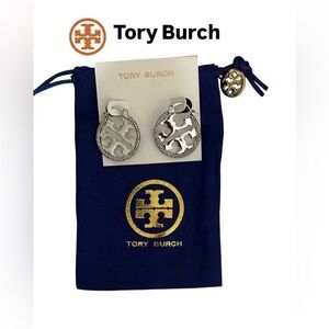 Tory Burch Miller Logo Silver and Pave Crystals Hoop Earrings NWT